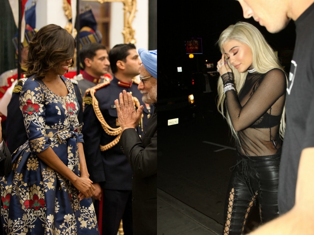 Michelle Obama in a blue and red floral dress, Kylie Jenner in a black bra and mesh top