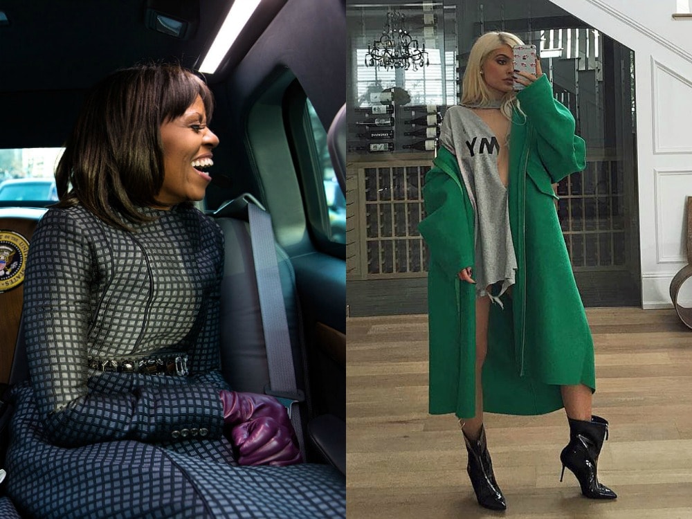 Michelle Obama in a blue coat and purple gloves at the inauguration, Kylie Jenner in a green coat and gray tee