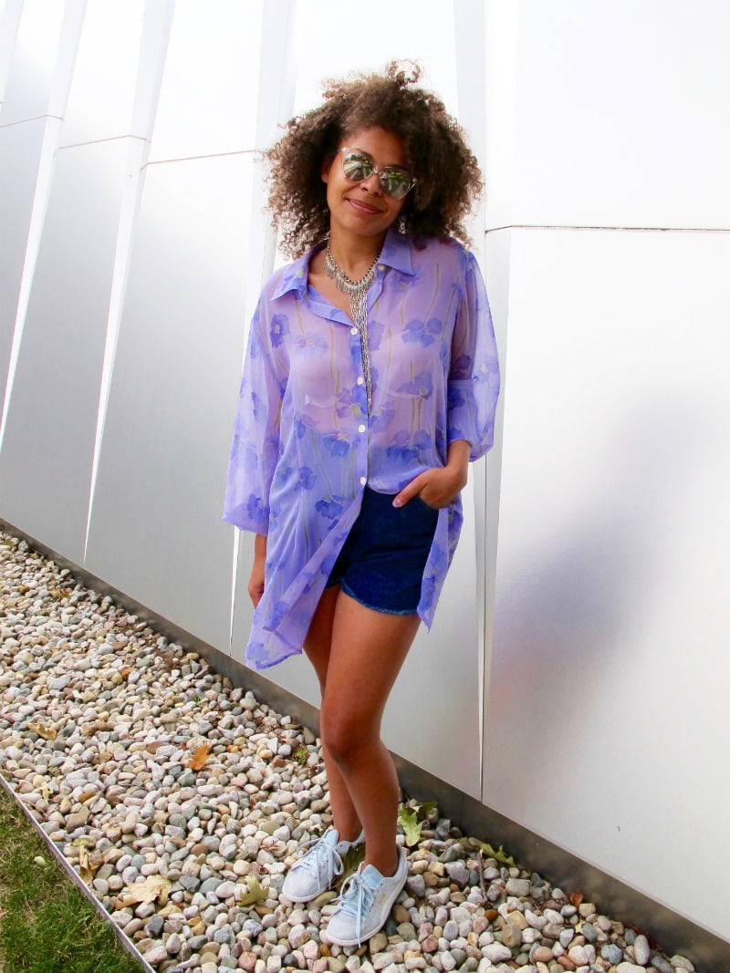 Fashion at Michigan State University - sheer blouse, shorts, sneakers, sunglasses