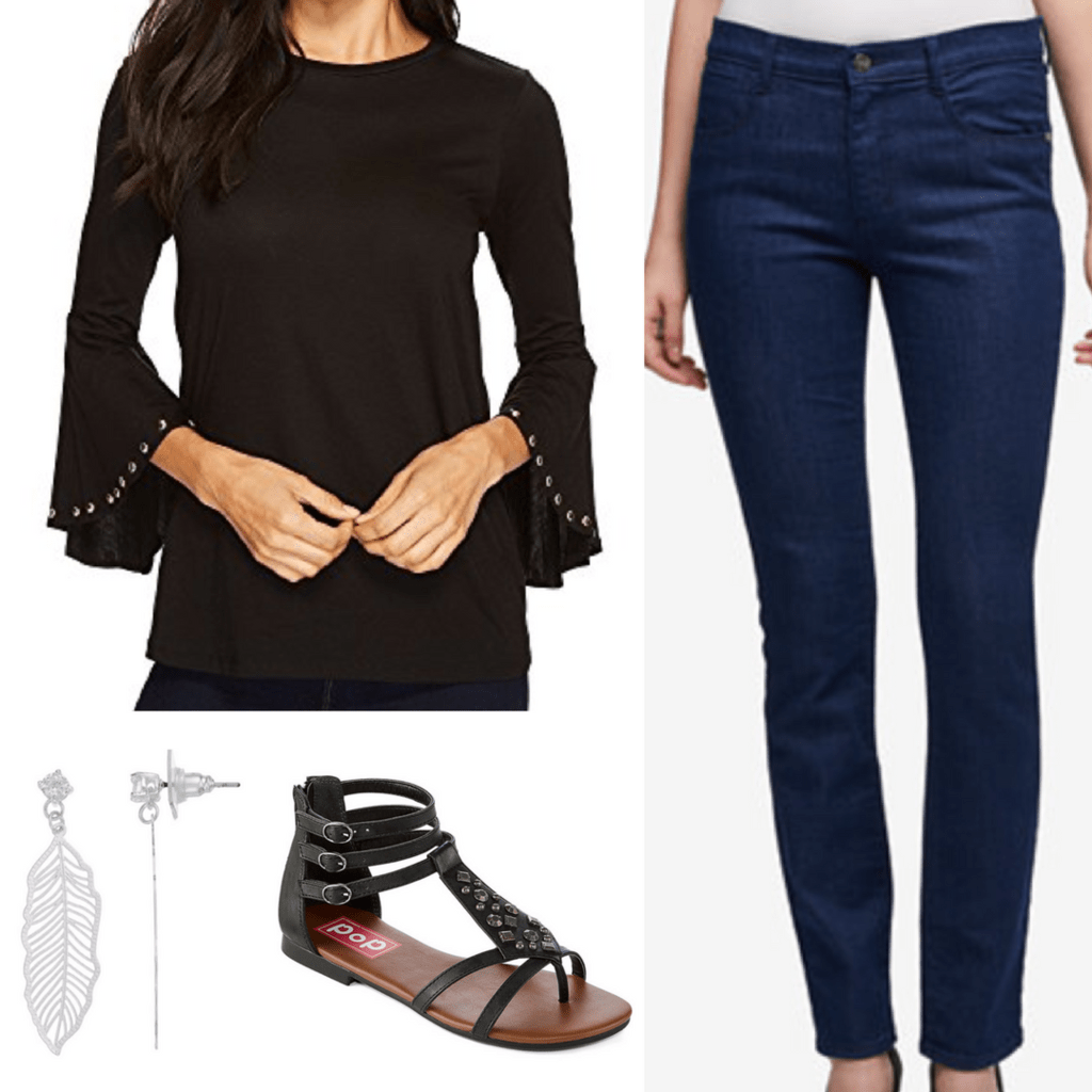 black studded tunic indigo jeans silver feather earrings black strappy sandals outfit