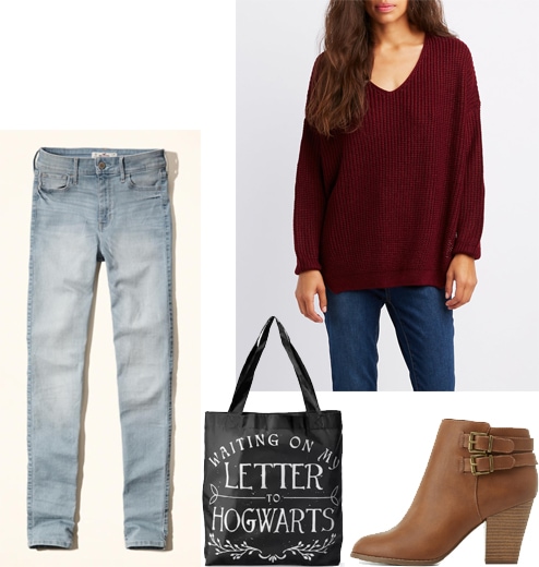 Outfits for midterms: Skinny jeans, Hogwarts tote bag, oversized burgundy sweater, brown ankle boots