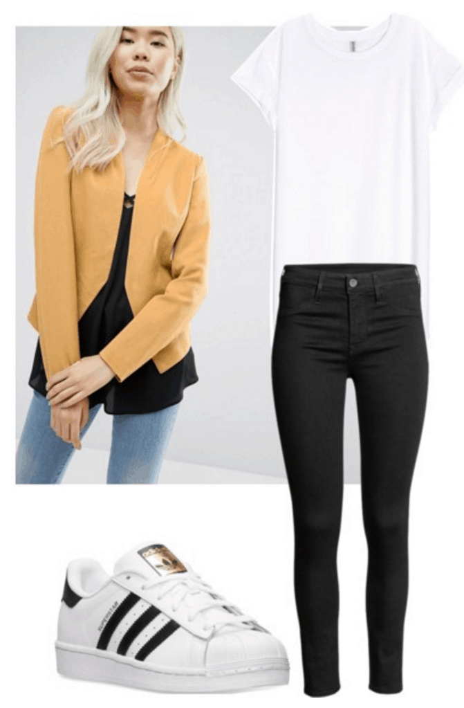 Yellow blazer, t-shirt, jeans, sneakers.