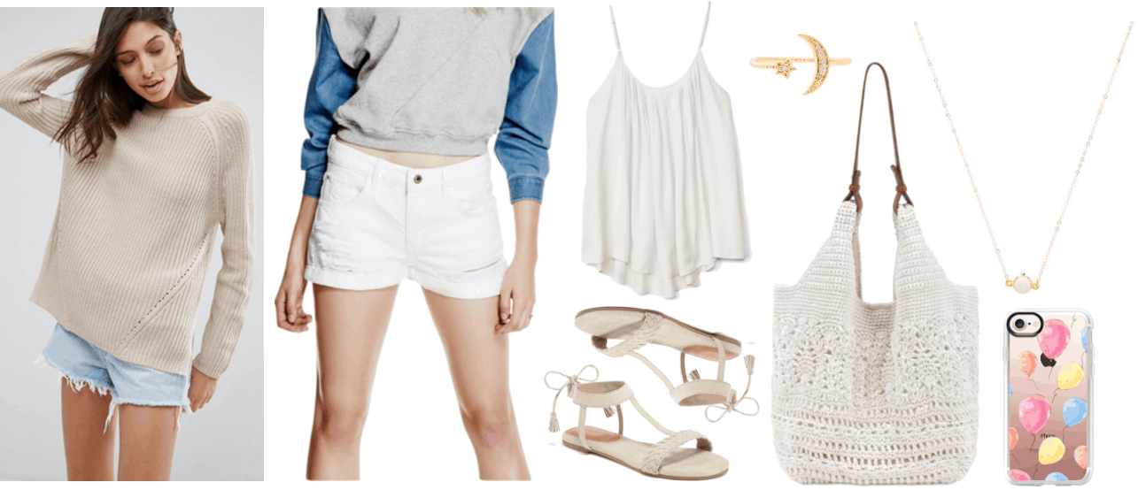 Fashion Inspired by Music Videos: "Malibu," by Miley Cyrus--Outfit #2 featuring oatmeal-beige marled chunky crewneck sweater, white ripped boy-fit denim shorts, off-white pleated scoop-neck camisole, grayish-white braided t-strap sandals with tie, gold moon and star ring with white crystals, white crochet tote with brown handles, gold necklace with white druzy stone, clear iPhone 7 case with pink, yellow, and blue balloons