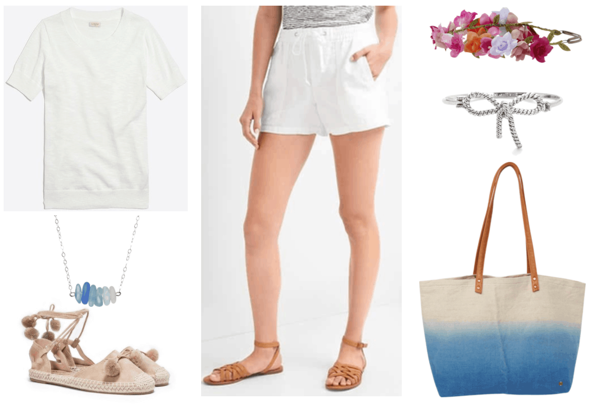 Fashion Inspired by Music Videos: "Malibu," by Miley Cyrus--Outfit #3 featuring white short-sleeved crewneck sweater, silver necklace with blue, green, and white sea glass beads; beige espadrille shoes with pom-poms and ankle ties, white drawstring utility shorts, bright pink, red, lavender, dusty rose, orange, and green crocus flower crown; silver bangle bracelet with twisted bow, beige and blue ombré canvas tote with cognac-brown handles