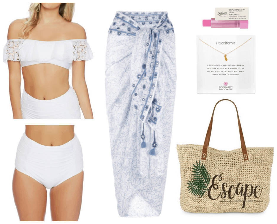 Fashion Inspired by Music Videos: "Malibu," by Miley Cyrus--Outfit #4 featuring white bikini top with eyelet off-the-shoulder-ruffle, white ruched high-waisted bikini bottoms, white sarong with blue floral print, blue embroidery, mirrors, and blue tassels at ties; Kiehl's Since 1851 Butterstick SPF 25 Lip Treatment in "Petal" pale pink tint; gold necklace with California State silhouette charm, beige woven straw tote with brown handles and "Escape" script and palm leaves printed on it