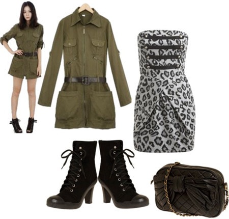 A night out outfit incorporating the military fashion trend