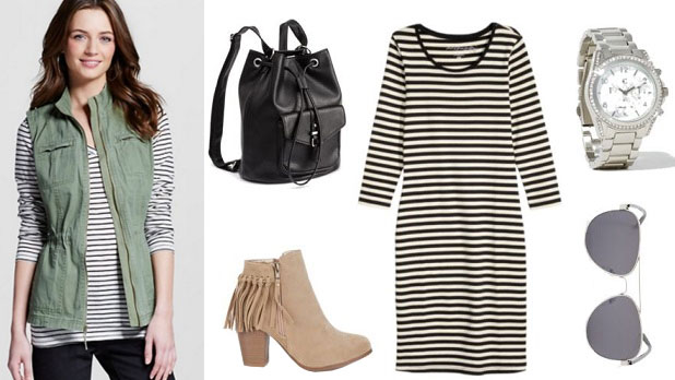 How to wear a utility/military vest with a striped dress, suede ankle boots, a backpack, and cute accessories