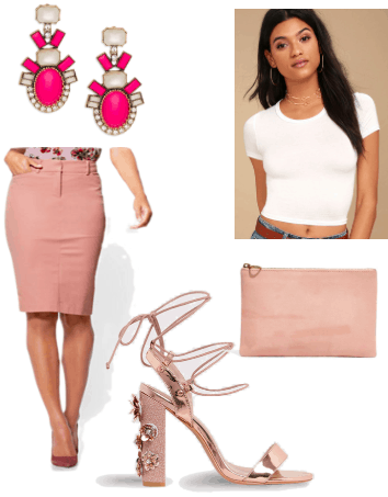 How to style millennial pink for a night out: Outfit idea with pink pencil skirt, hot pink statement earrings, cropped white tee shirt, millennial pink clutch, jeweled lace up heels