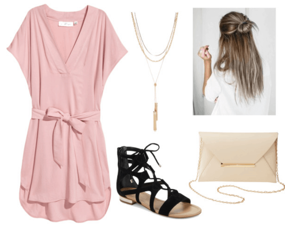 How to wear millennial pink: Outfit idea with pink dress, necklace, half bun, black sandals