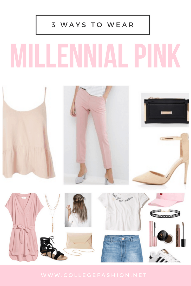 Millennial pink fashion: 3 ways to wear millennial pink with outfit ideas including pants, tanks, shoes, dresses, and hats in this blush pink shade