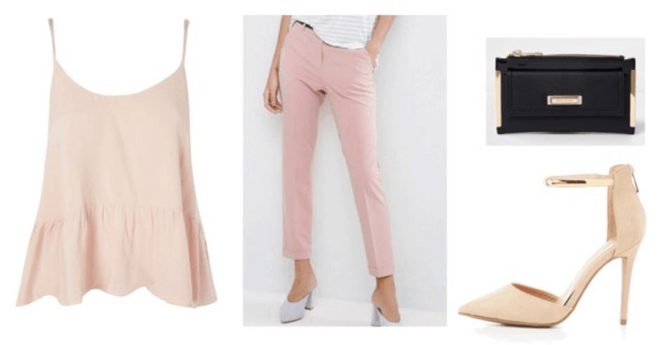 How to wear millennial pink: Outfit idea with nude top, pink trousers, nude heels, black bag