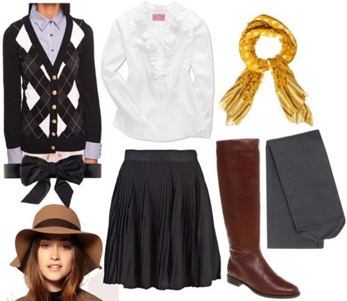 Milly by Michelle Smith outfit 1: Patterned cardigan, full knee-length skirt, button-down shirt, boots, hat