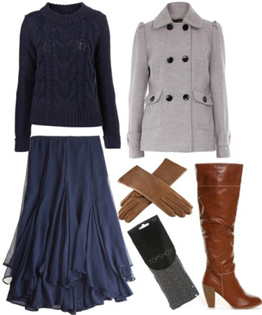 Milly by Michelle Smith outfit 3: Full navy skirt, double breasted grey pea coat, knee-high boots