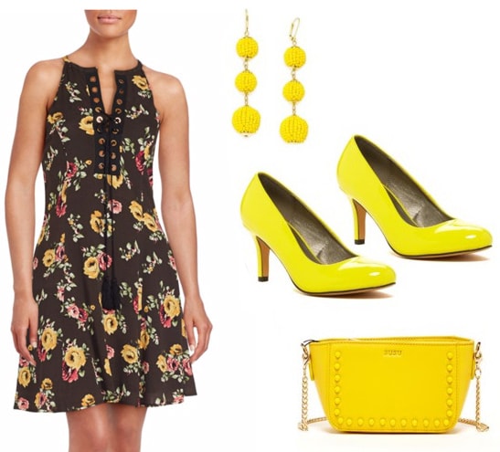 Best fictional female role models for college women: Mindy Lahiri from The Mindy Project. Outfit inspired by Mindy with floral a-line dress, yellow earrings, yellow patent pumps, yellow chain strap bag with studs