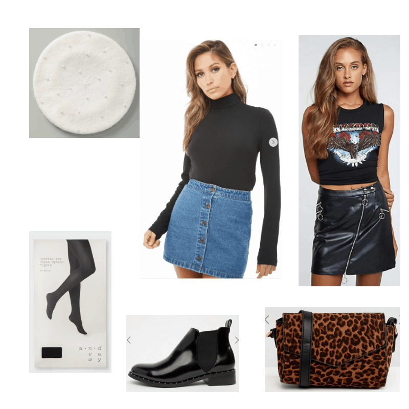 Outfit with black turtleneck, leather skirt, booties, tights, white beret, and leopard crossbody bag