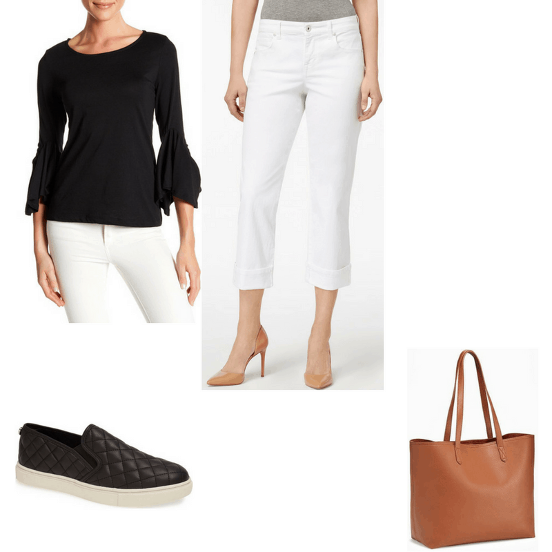 Minimalist finals outfit with black top, white jeans, black shoes, and brown bag