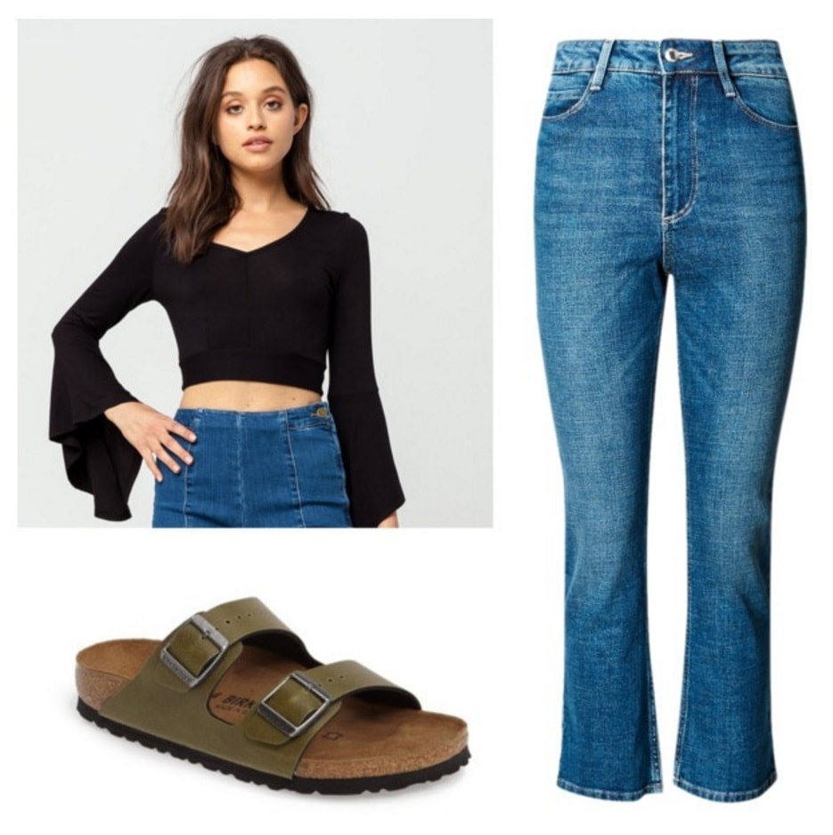 Bell sleeve top, cropped flare jeans, Birkenstocks.