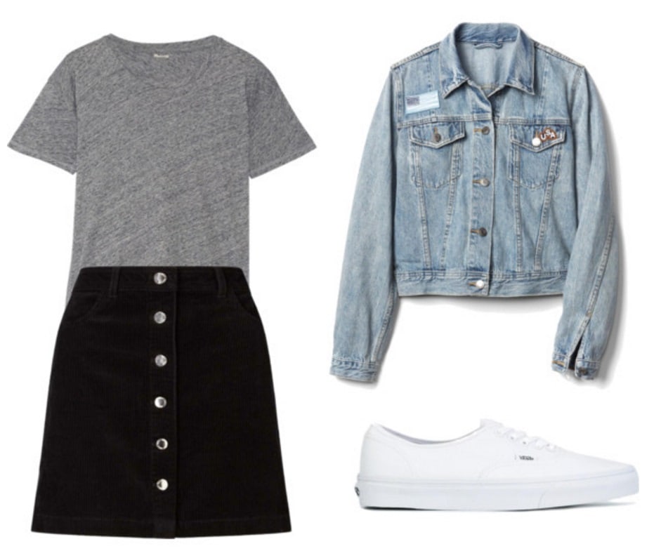 T-shirt, skirt, denim jacket, Vans