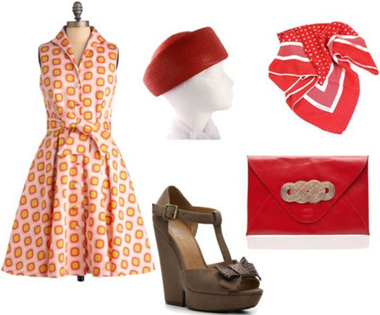 Fashion inspired by Minny Jackson from The Help: Patterned a-line dress, wedge heels, '60s hat, red clutch, scarf