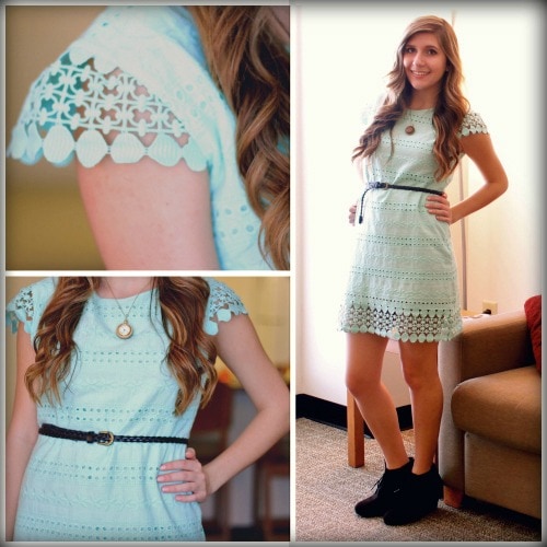 Mint eyelet dress worn with a belt and ankle booties
