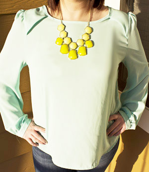 College street style: Mint green blouse, yellow necklace
