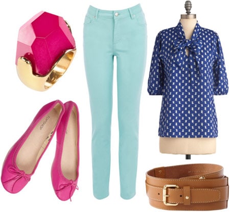 How to wear mint colored jeans for a day of classes with a blue blouse, brown belt, and hot pink flats