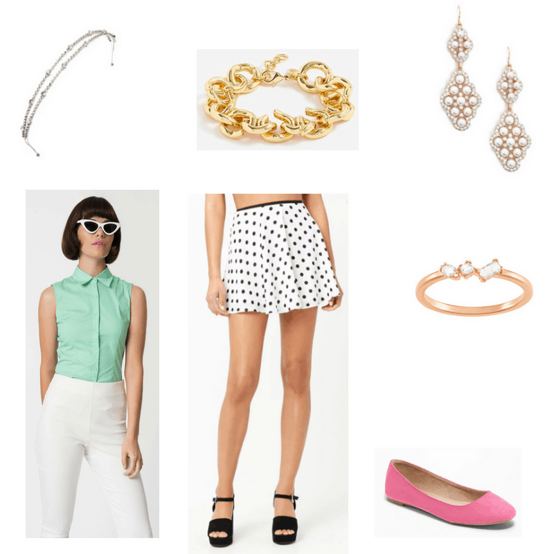 Outfit with mint blouse, polka dot skirt, rose gold ring, chain bracelet, drop earrings, embellished headband, and fuschia flats