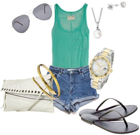 How to wear high waisted shorts and a tank with metallic accessories in gold and silver