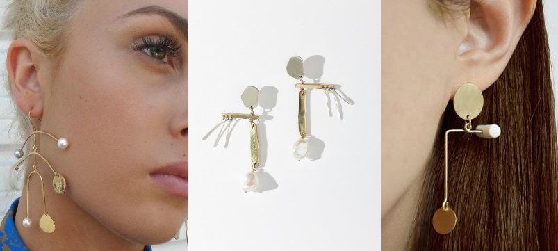 Mobile earring trend (from left to right): whimsical yellow gold earrings with hammered metal discs and pearls from Becca Jewelry, asymmetrical bronze and silver earrings from FARIS, and asymmetrical mix-and-matched gold, bronze, and porcelain earrings from Etsy.