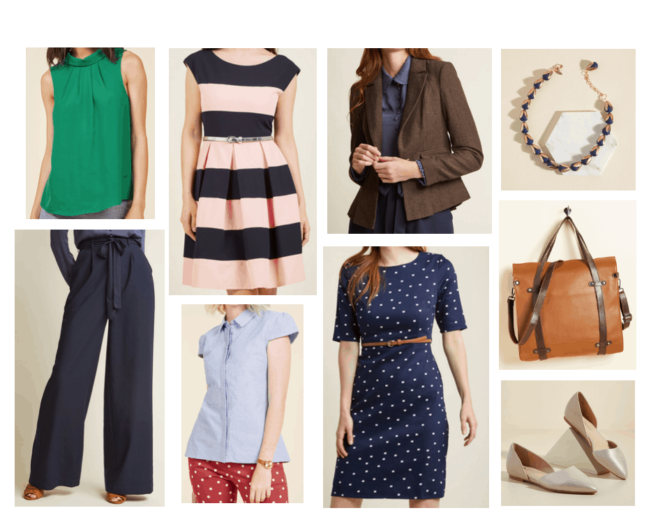 Cute workwear on a budget: Business casual office clothes from Modcloth including green blouse, pink and navy striped dress, brown blazer, polka dot 3/4 sleeve dress, wide leg navy pants, camel tote bag, gold pointed toe dorsay flats