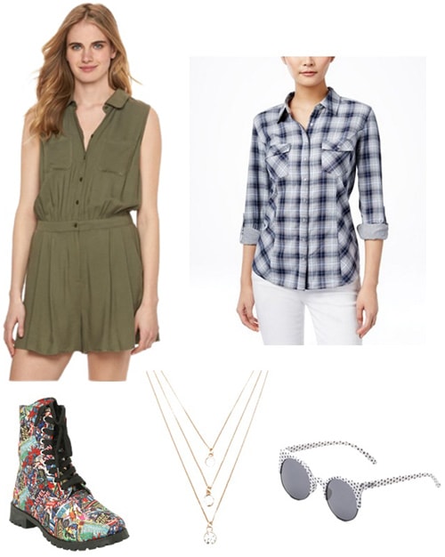 Model off duty outfit: Romper, flannel, ankle boots, necklace and sunglasses