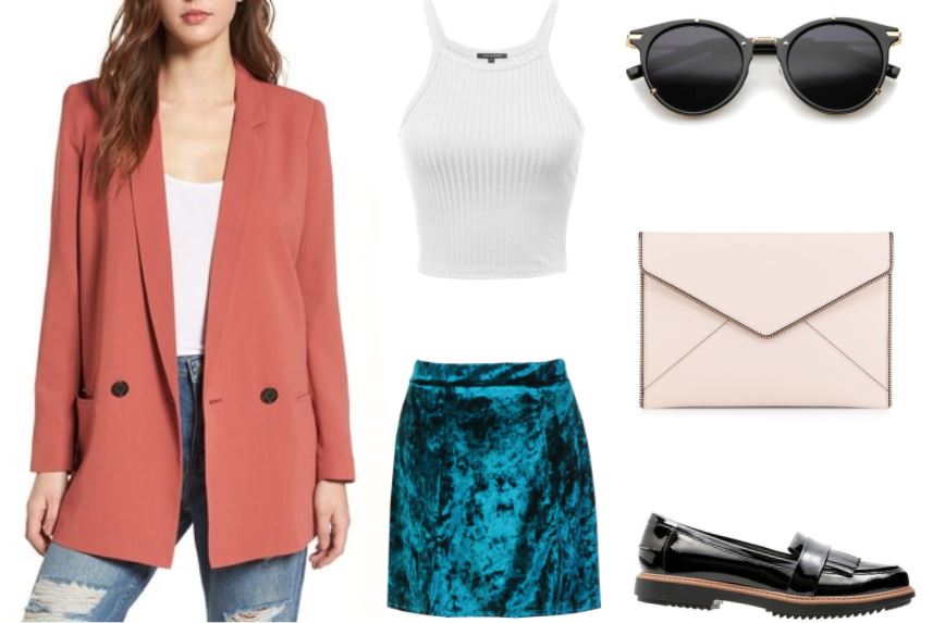 Get Inspired by Santa Fean, Bay Sandoval's look: menswear-inspired boxy muted coral blazer, ribbed form-fitting white tank top, turquoise velvet skirt, vintage horn-rimmed sunglasses, envelope clutch bag, patent leather fringe loafers