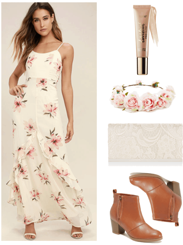Fashion Inspired by Music Videos: "Please Be Mine," by Molly Burch--Outfit #1 featuring long spaghetti-strap cream-colored dress with pink flowers, Tarte Tarteist PRO Glow Liquid Highlighter in "Exposed," pale pink rose flower crown, ivory lace clutch, cognac brown ankle boots with heel