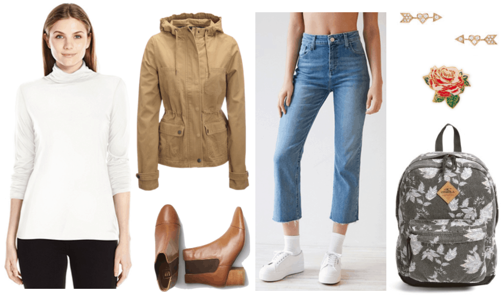 Fashion Inspired by Music Videos: "Please Be Mine," by Molly Burch--Outfit #2 featuring white long-sleeved turtleneck t-shirt, beige hooded anorak, brown chelsea boots with wooden heel, kick-flare high-rise cropped jeans with raw hem, gold heart-and-arrow earrings with white crystals, gold enamel rose pin, dark gray floral-print backpack