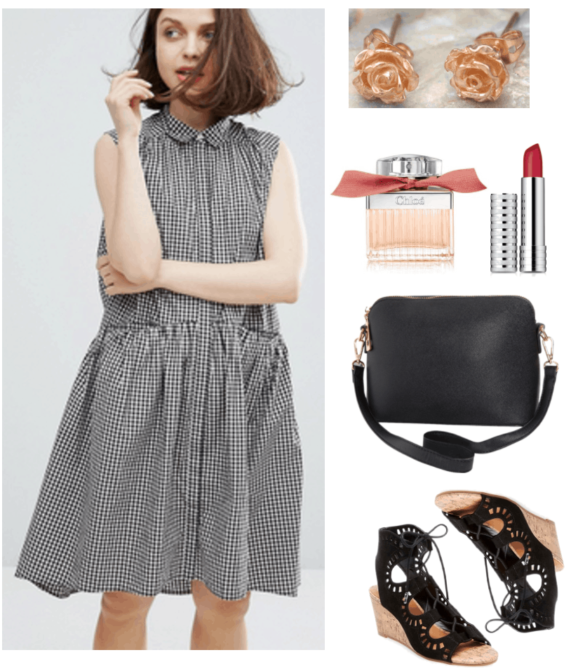 Fashion Inspired by Music Videos: "Please Be Mine," by Molly Burch--Outfit #2 featuring sleeveless black-and-white gingham dress, rose gold rose earrings, Chloé Roses de Chloé Eau de Toilette Spray, Clinique Long Last Soft Matte Lipstick in Crimson, black cross-body bag, black lace-up laser-cut cork-wedge sandals