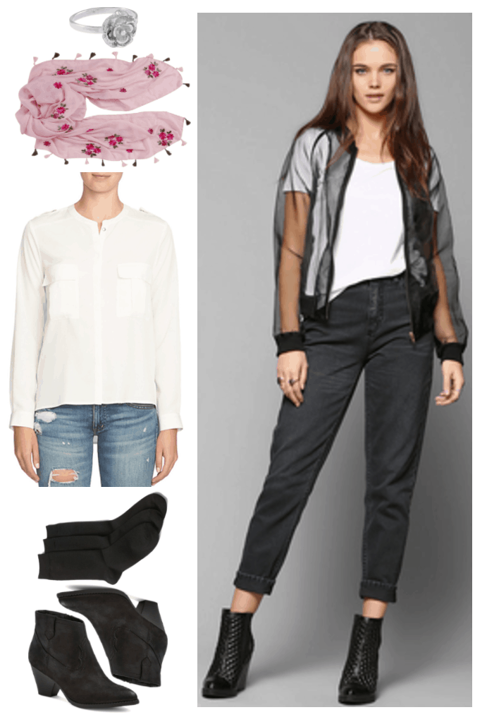 Fashion Inspired by Music Videos: "Please Be Mine," by Molly Burch--Outfit #4 featuring sterling silver rose ring, pink embroidered floral scarf with tassels, white collarless blouse with pockets, black crew socks, black western-inspired ankle boots, black mom jeans