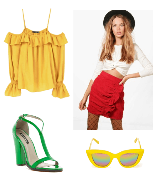 Outfit inspired by Mom from Broken Age: Yellow off the shoulder top, red ruffle button skirt, Quay yellow sunglasses and green patent leather dress sandals