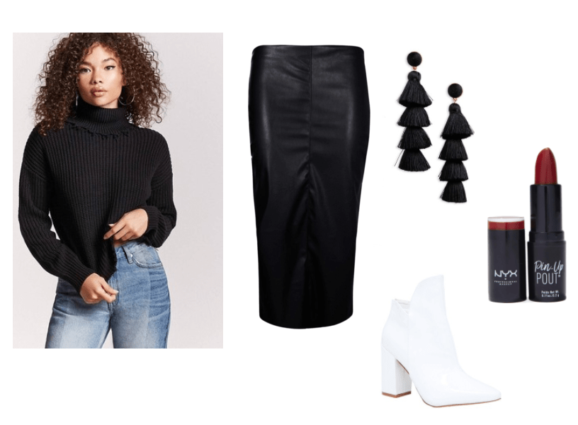 Monkey Penny Spy Fox Outfit Inspiration: Leather midi skirt, tapered, black turtleneck sweater, tassel fringe earrings, NYX Red Haute Pin and Pout Lipstick, short, white booties.