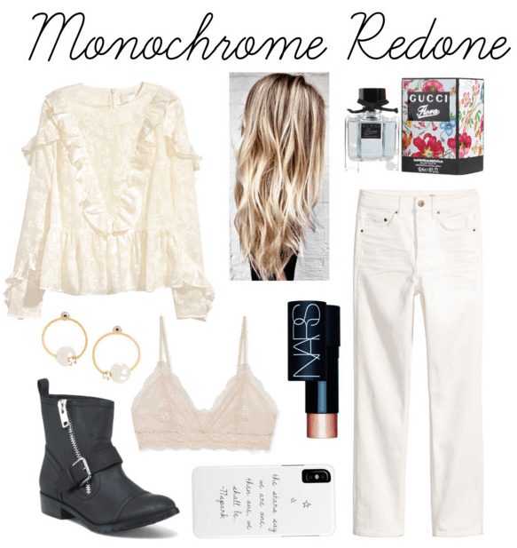 White ruffle blouse, pearl studs, moto boots, lace bralette, highlighter stick, fragrance, white jeans, phone case