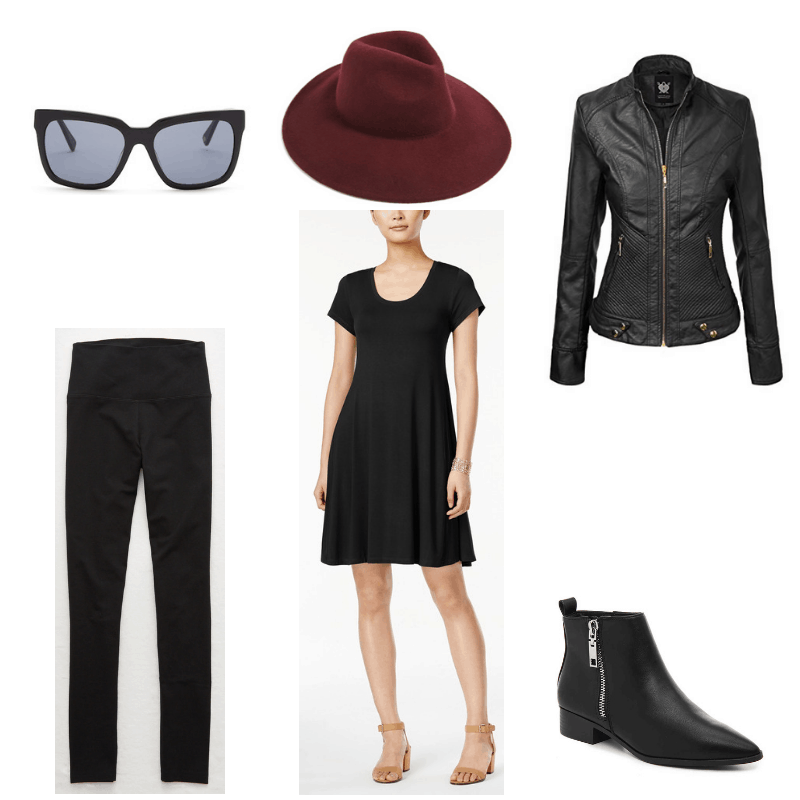 Outfit with black dress, leggings, leather jacket, booties, sunglasses, and burgundy fedora