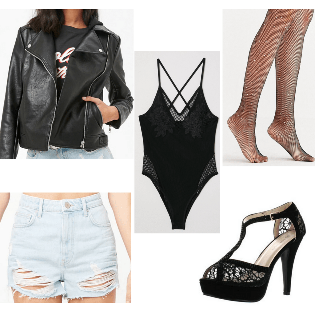 Moto jacket with body suit, fishnets, heels and shorts
