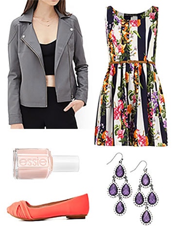 Moto jacket patterned dress outfit