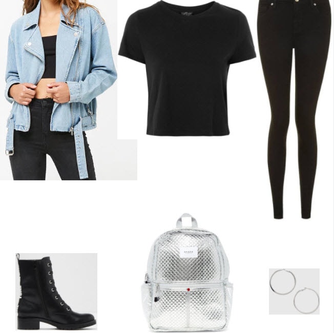 Denim moto jacket with black tee, black skinny jeans, black booties, metallic silver backpack, and silver hoop earrings.