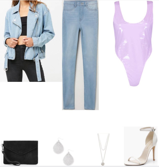 Light washed moto jacket style with lilac bodysuit, light wash jeans, black suede clutch, silver drop earrings, silver pendant necklace, and white ankle strap heels.