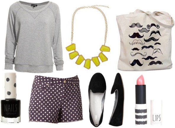 Movie theater outfit 1: Shorts, sweatshirt, comfy slippers, statement necklace, tote