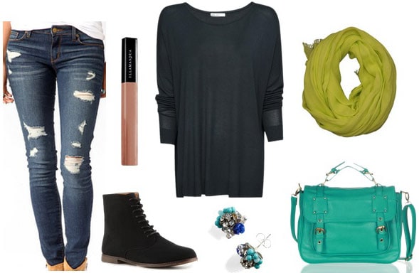 Movie theater outfit 2: Distressed jeans, long sleeve top, satchel, black sneakers