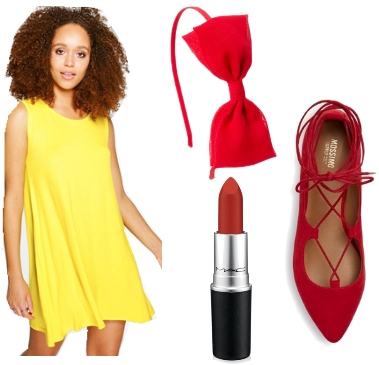 Outfit inspired by Ms. Pacman - yellow dress, hair bow, lipstick, lace-up flats