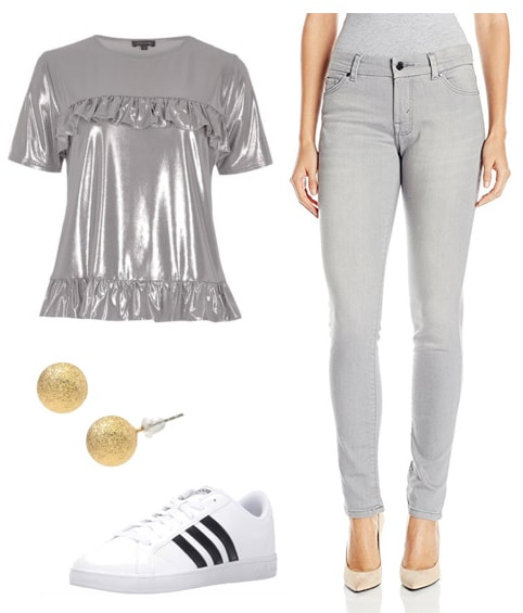 MTV VMAS-inspired outfit: Gray jeans, silver top, gold glitter stud earrings, Adidas superstar sneakers