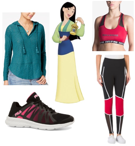 Mulan inspired workout outfit - Disney Princess workout outfits - red and black leggings, red sports bra, teal hoodie, pink and black sneakers