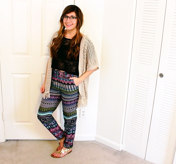 Multicolored challis pants, with crochet crop and a tan kimono